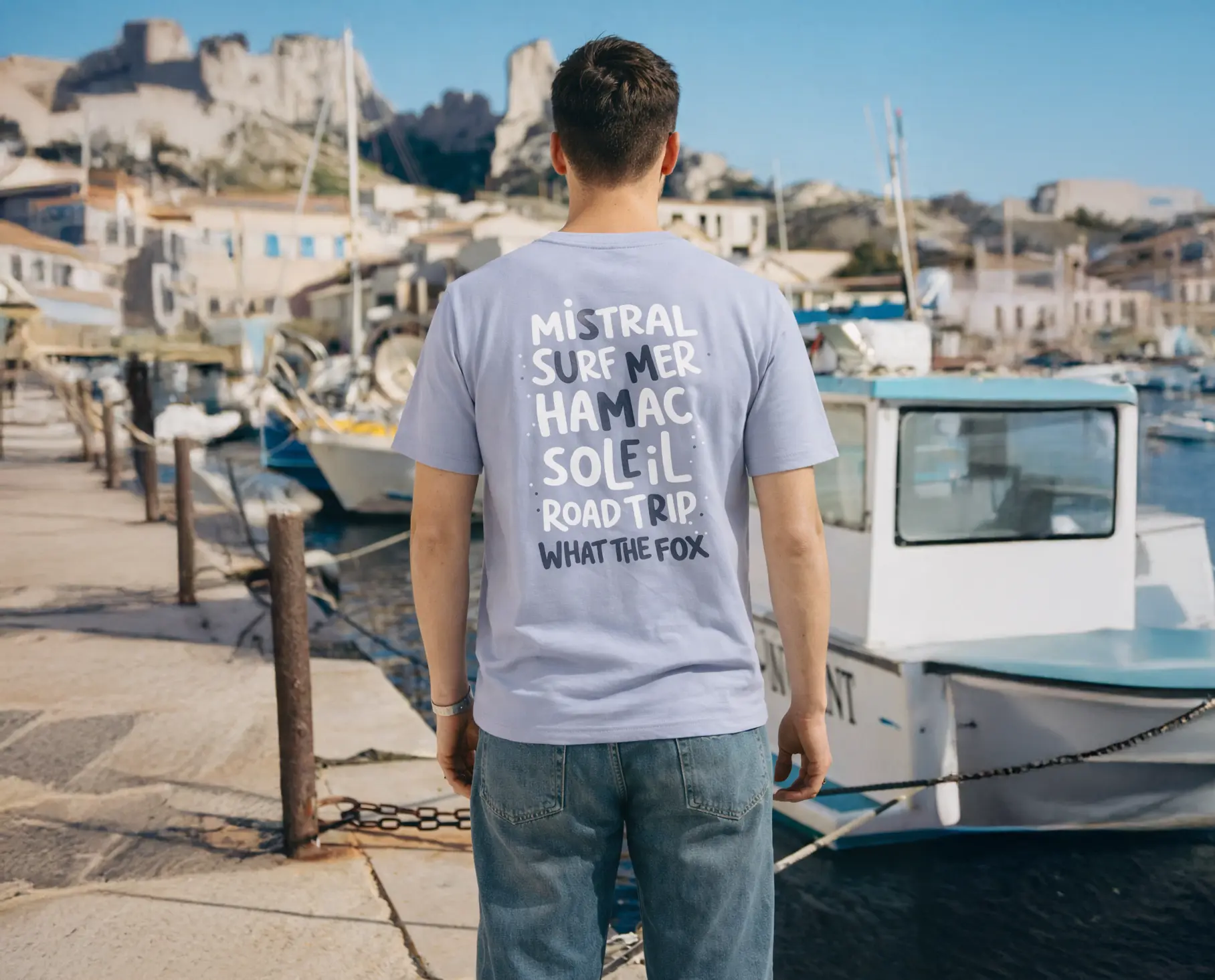 Homme de dos portant un t-shirt lilas avec insciption dans le dos rappelant l'été, le surf et les vancances devant un port dans le sud de la france