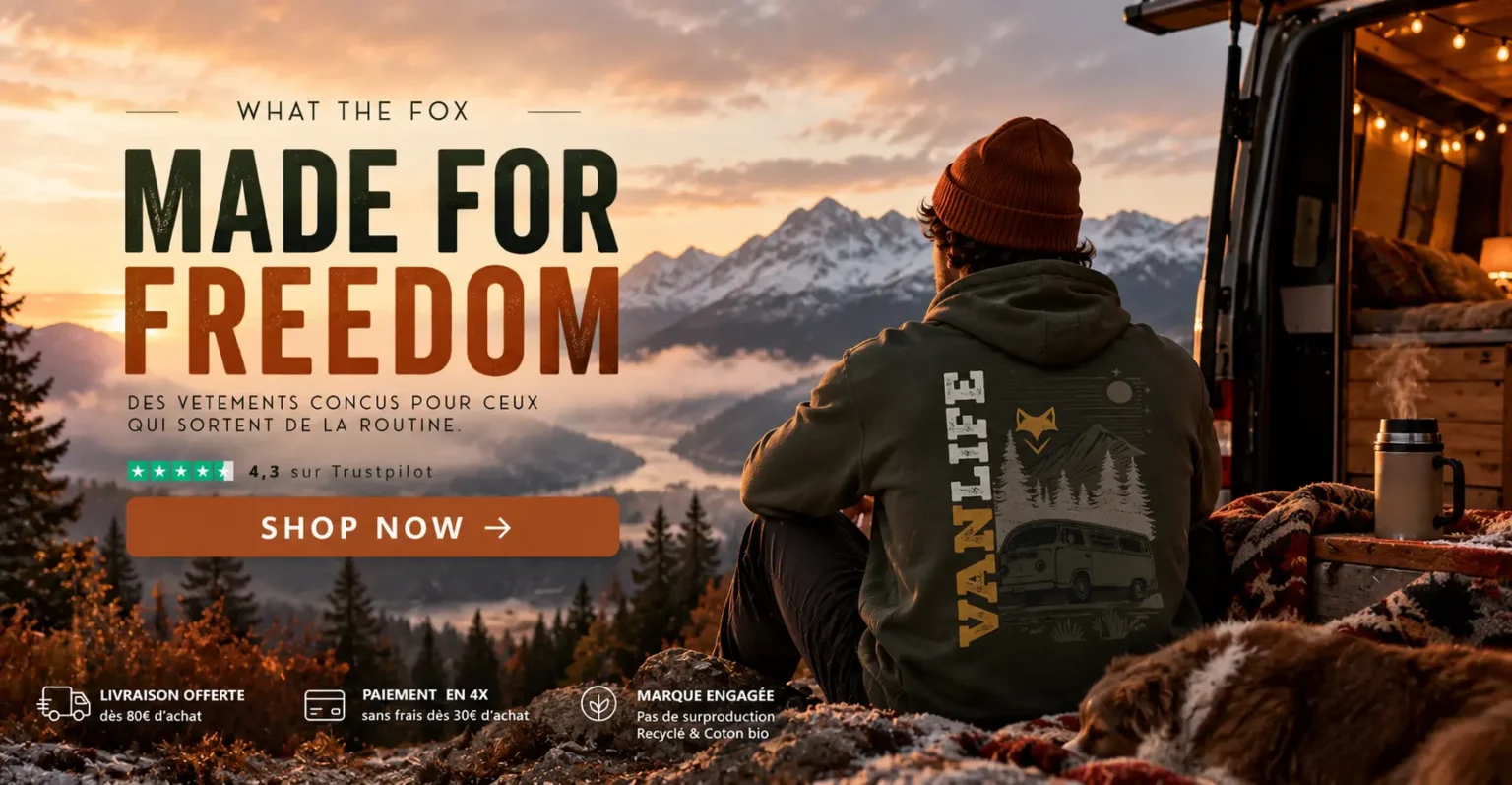Bandeau What The Fox automne hiver – vêtements vanlife, sweat kaki et road trips en montagne