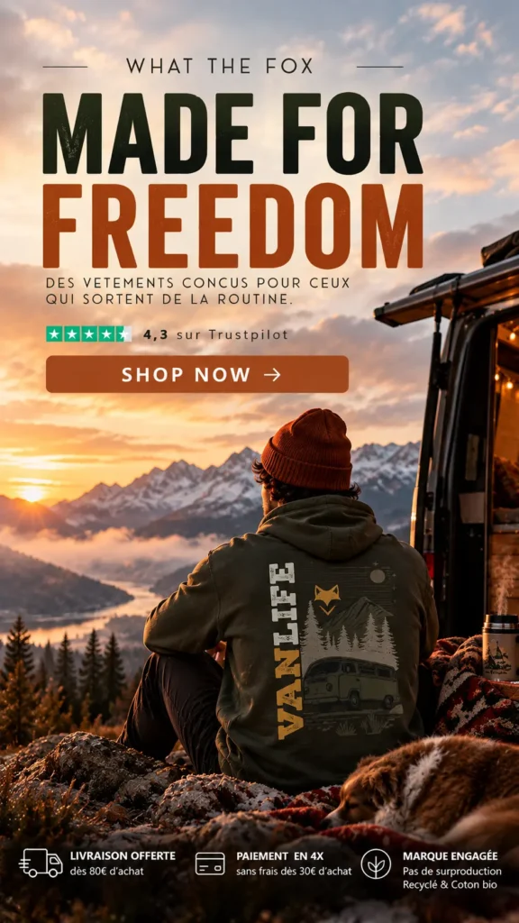 Bandeau What The Fox automne hiver – vêtements vanlife, sweat kaki et road trips en montagne